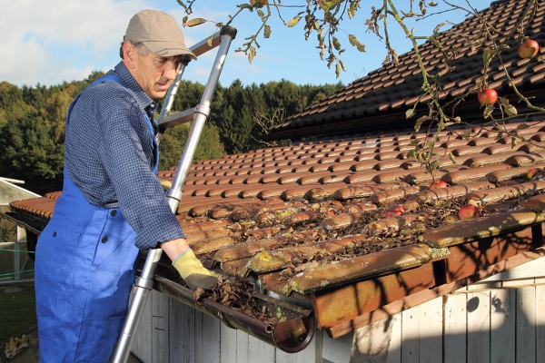 man on ladder cleaning gutters