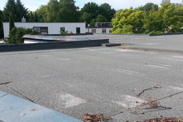 an aged and debris-ridden flat-roofed home